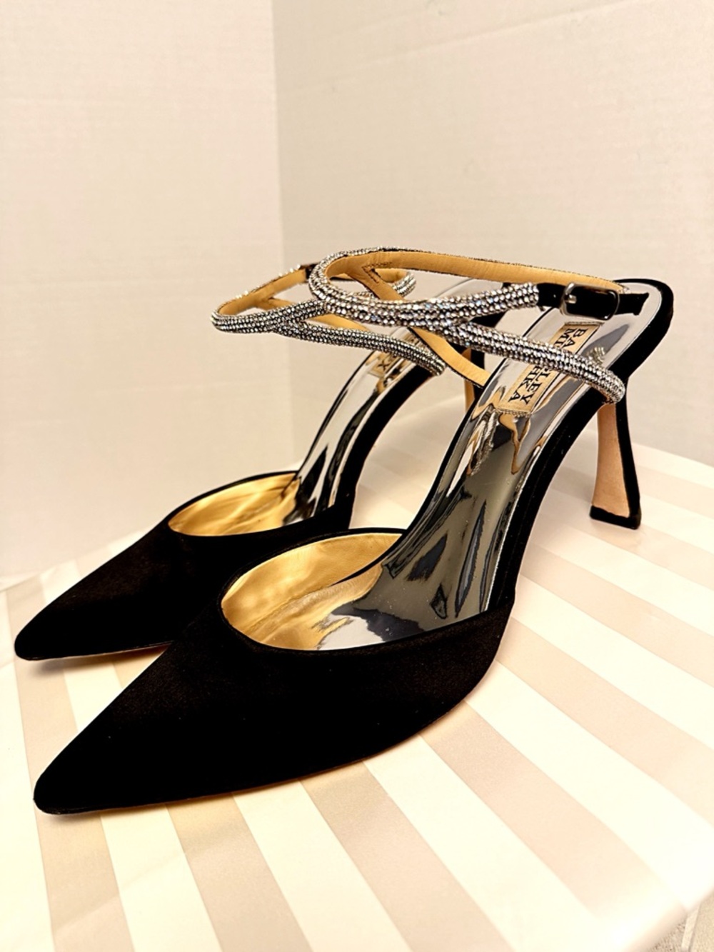Badgley Mischka Kamilah Crystal Ankle Strap Pumps Black Satin Heel